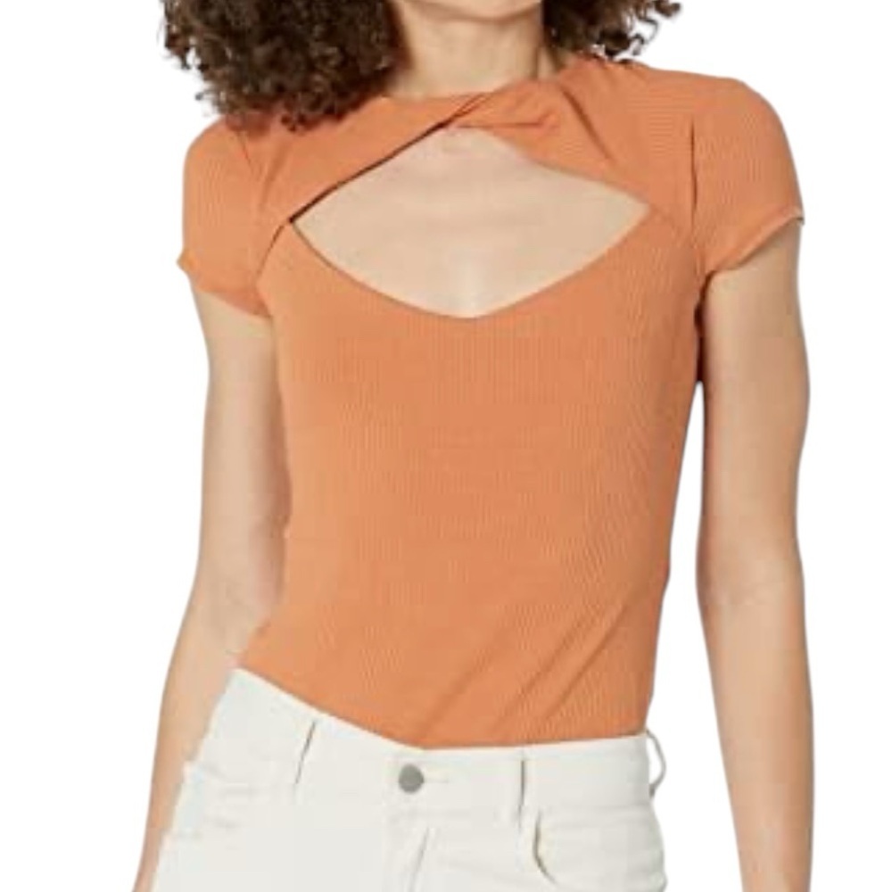 BCBGMAXAZRIA Fitted Ribbed Short Cap Sleeve Twist Front Cutout Bodysuit Size XS